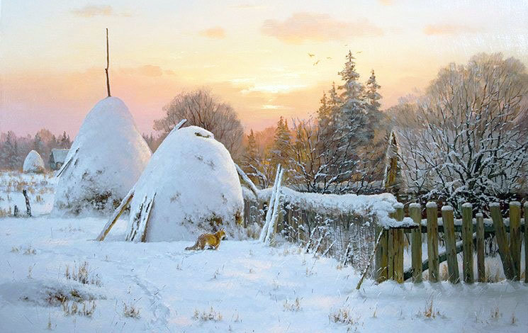 Худ. Артамонов - лиса, природа, деревня, снег, пейзаж зима - оригинал