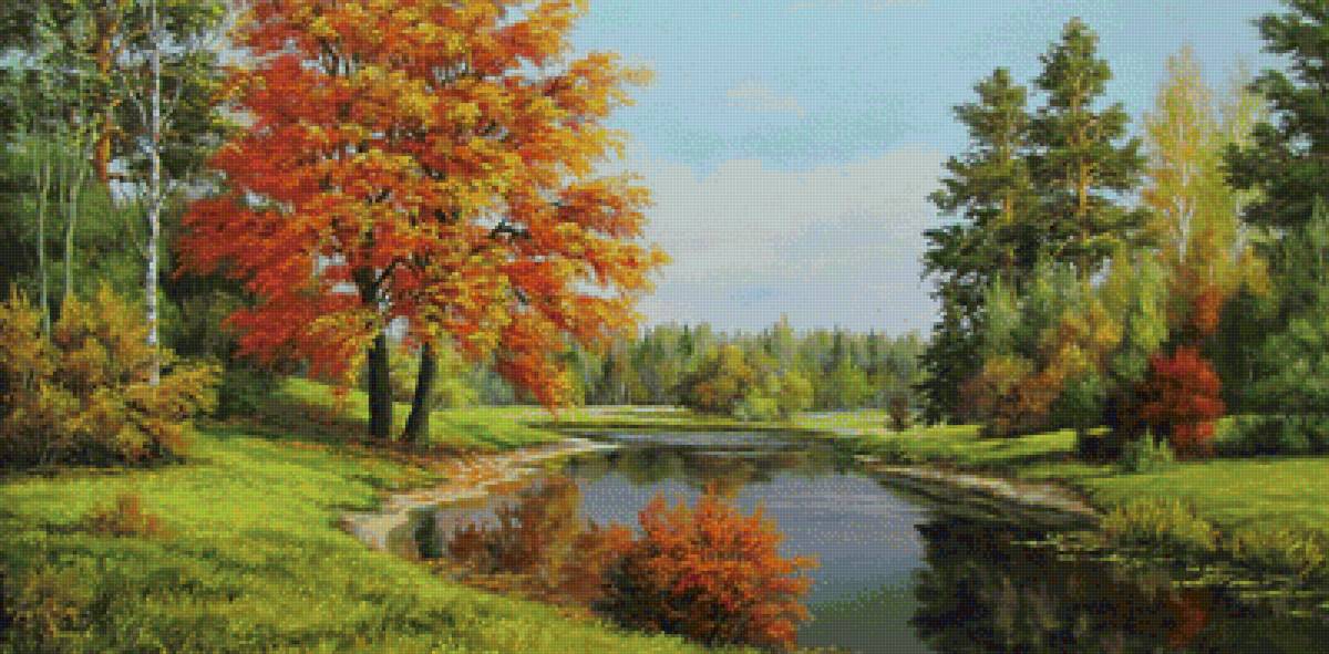 Осенний пейзаж - пруд, лес, деревья, осень - предпросмотр