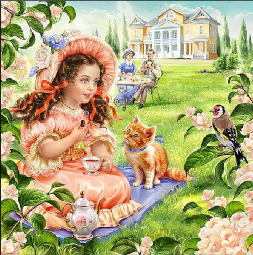 Пикник - девочка, семья, чаепитие, сад, усадьба - оригинал