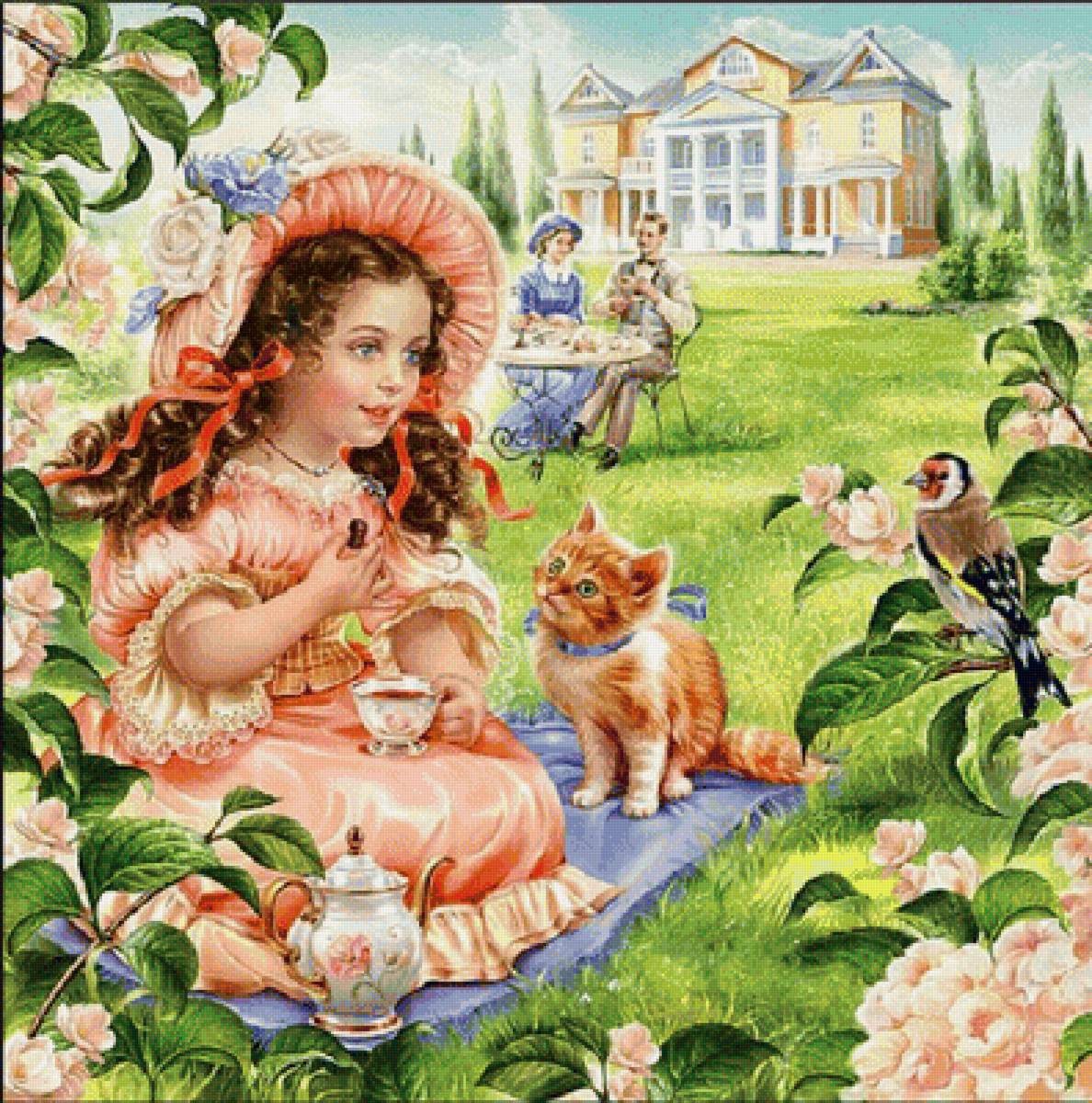 Пикник - семья, усадьба, девочка, сад, чаепитие - предпросмотр