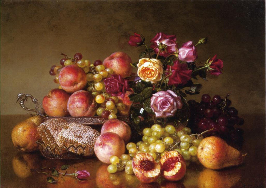 Натюрморт - розы, виноград, мед, персики, груша - оригинал