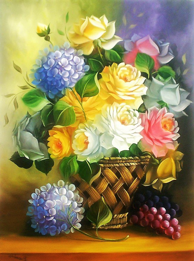 гортензии и розы - цветы, розы, натюрморт, картина - оригинал