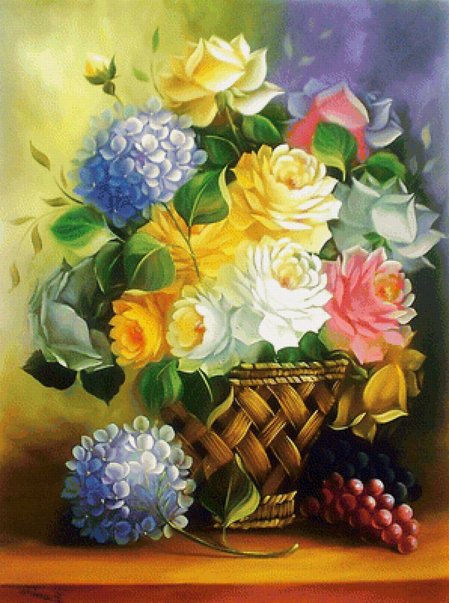 гортензии и розы - натюрморт, розы, цветы, картина - предпросмотр