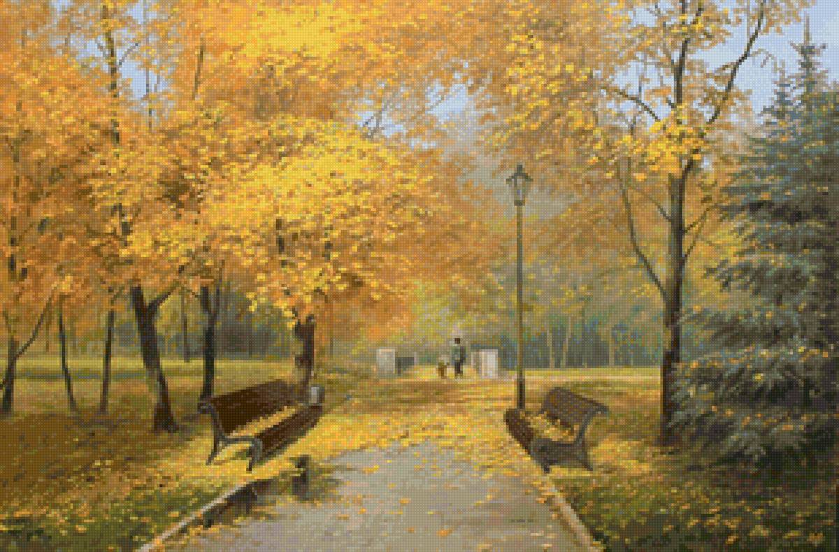Золотая осень в парке - скамейки, пейзаж, осень, парк - предпросмотр