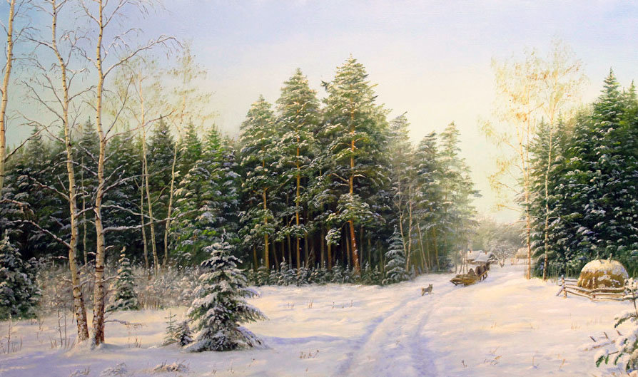 Зимний день Домой - сани, пейзаж зима, природа, лес - оригинал