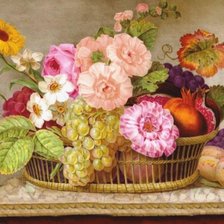 košík,kvety,ovocie
