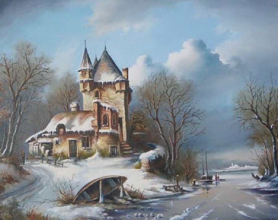 Старая Голландия по картине Г.Новицкого - домик, старая голландия, зима, речка - оригинал