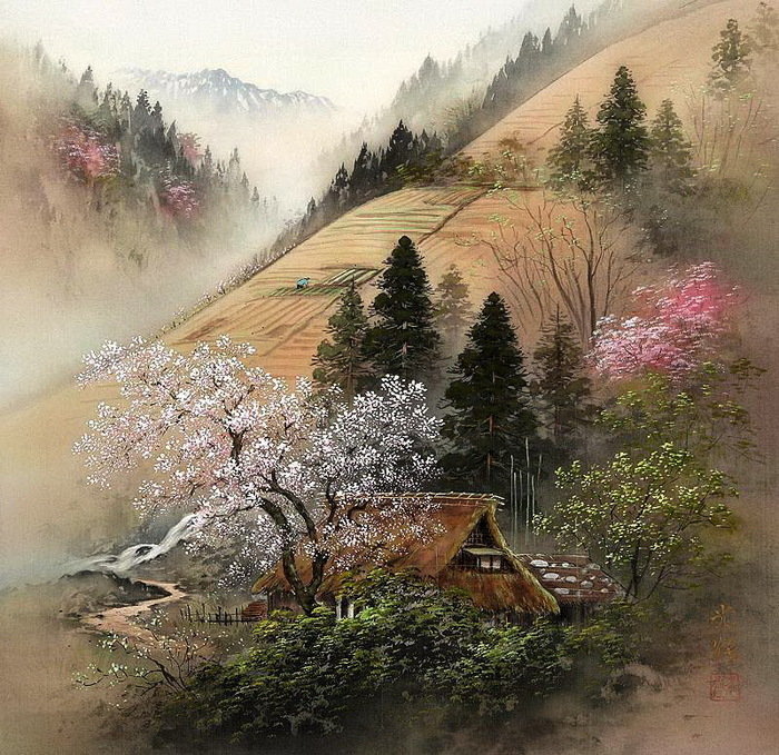 По картине японского художника Коукей Коджима - пейзаж, домик, деревья, японский стиль - оригинал