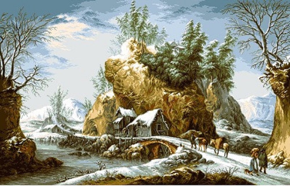 Зима в Италии. По картине Франческо Фоски - речка, мостик, зима, горы - оригинал