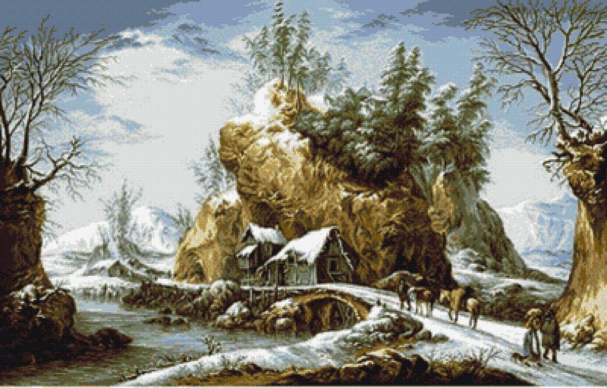Зима в Италии. По картине Франческо Фоски - горы, мостик, зима, речка - предпросмотр