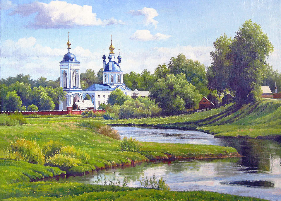 Худ. Иван Булыгин - пейзаж, лето, церковь, река - оригинал