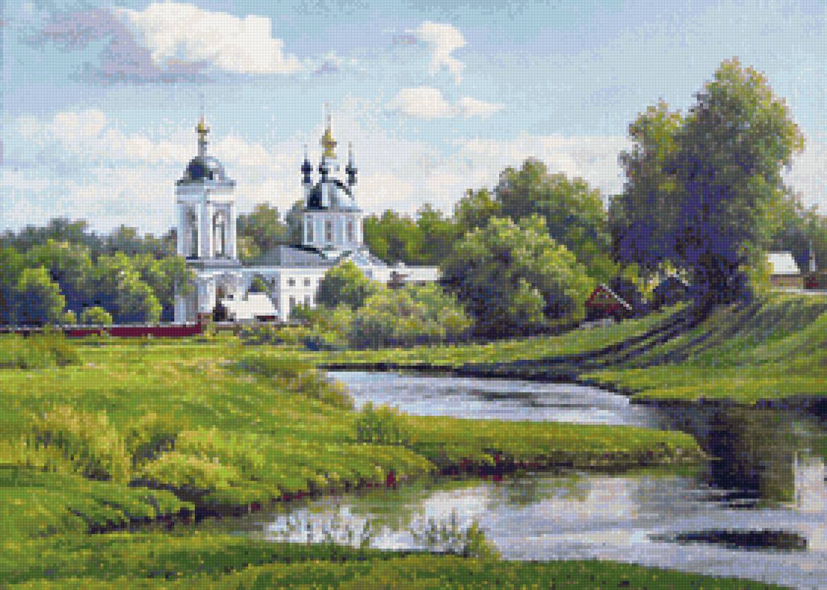 Худ. Иван Булыгин - пейзаж, река, церковь, лето - предпросмотр