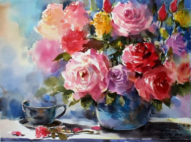 Розы - букет, розы, натюрморт, ваза, цветы, картина - оригинал