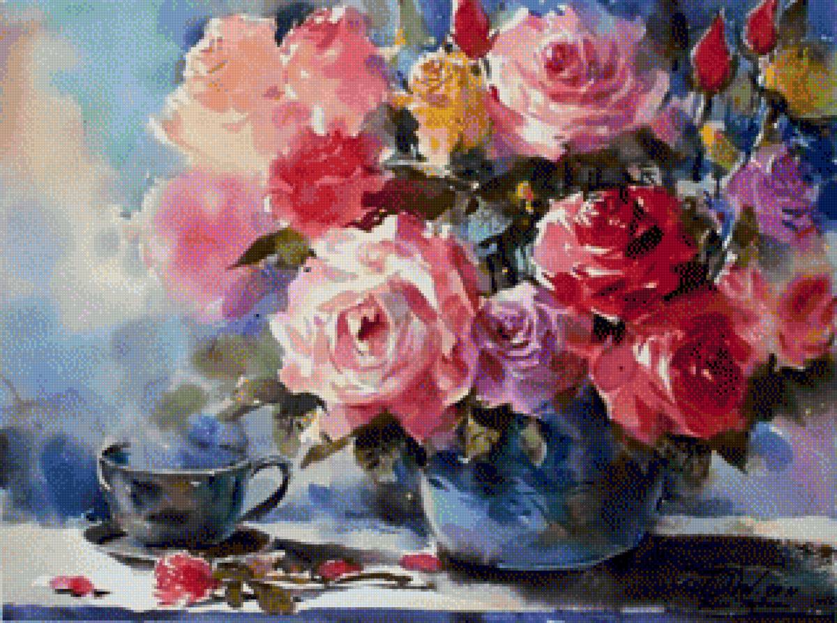 Розы - розы, ваза, цветы, картина, натюрморт, букет - предпросмотр