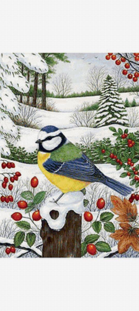 Синичка - зима, птицы, ягоды, снег - предпросмотр