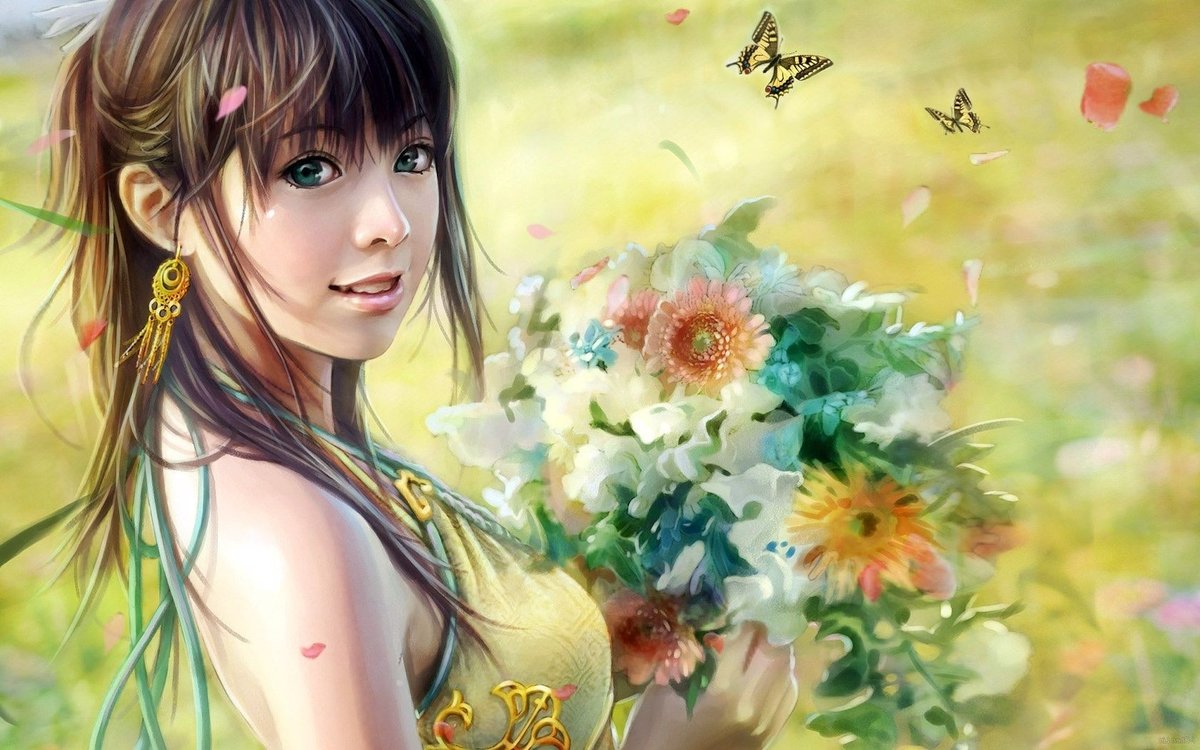 Лето - девушка, портрет, art, бабочки, лето, цветы, взгляд - оригинал