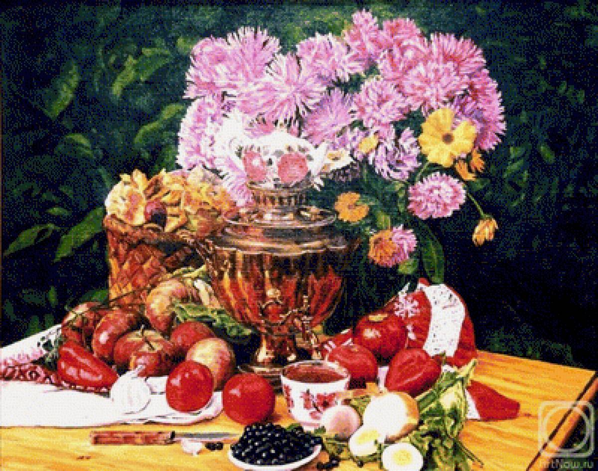 Натюрморт - ваза, натюрморт, цветы, чай, фрукты, живопись, ягоды - предпросмотр