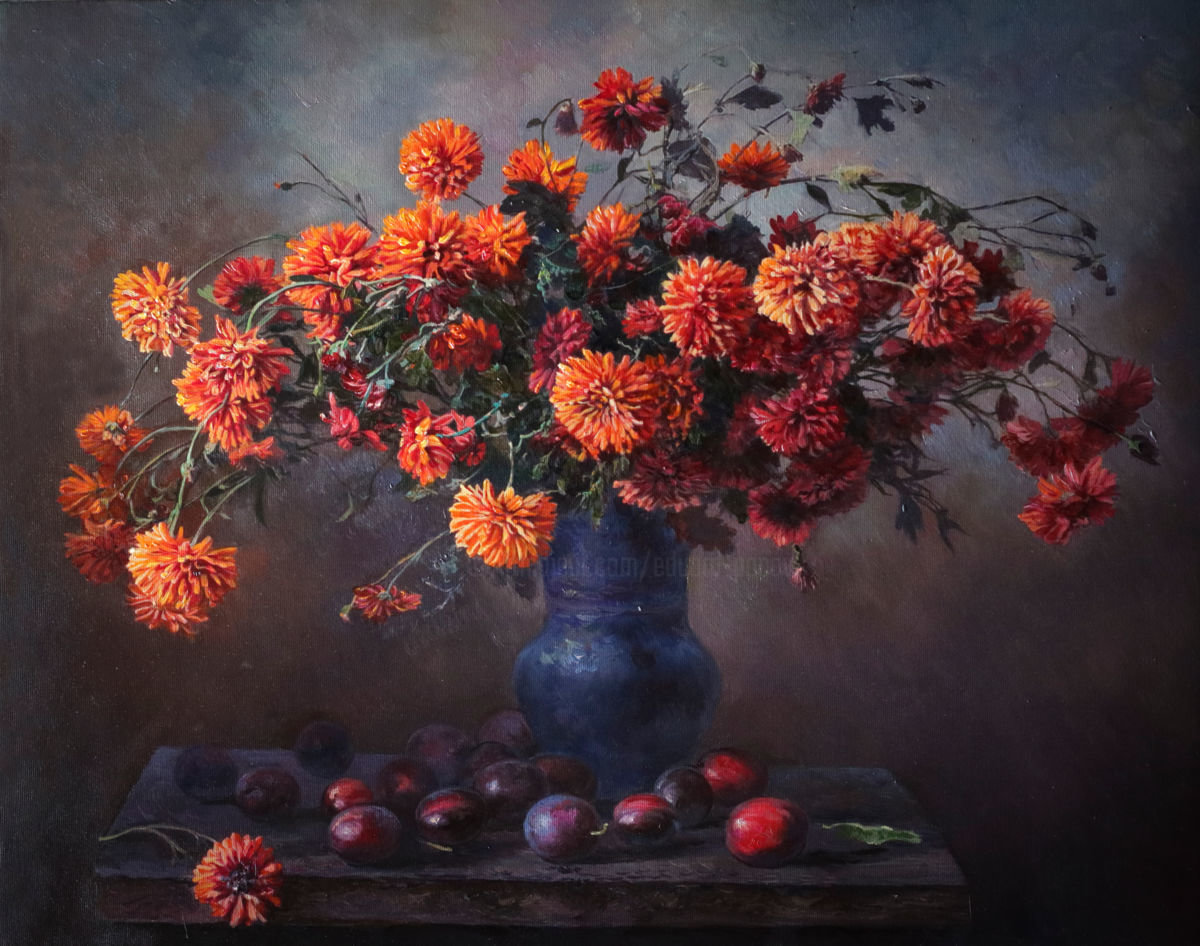Натюрморт - фрукты, ваза, живопись, хризантемы, натюрморт, цветы - оригинал