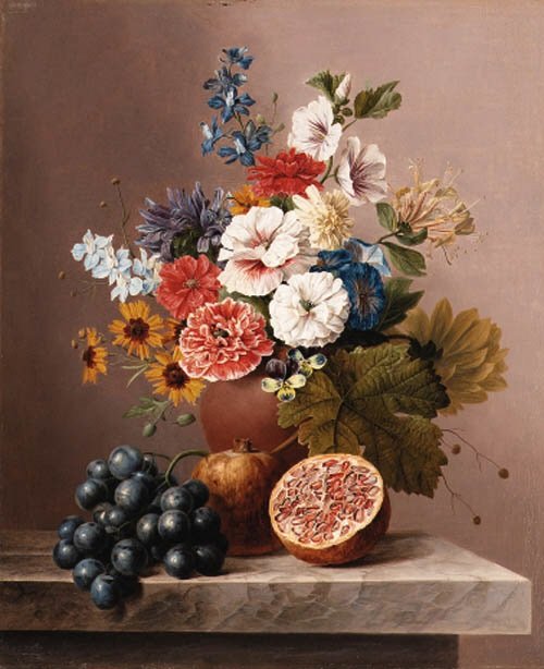 Натюрморт - живопись, виноград, фрукты, гранат, натюрморт, цветы - оригинал