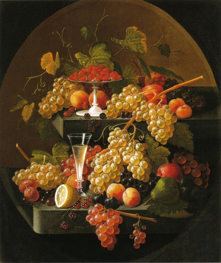 Натюрморт - виноград, персики, цветы, фрукты, натюрморт, кл, живопись, ягоды - оригинал