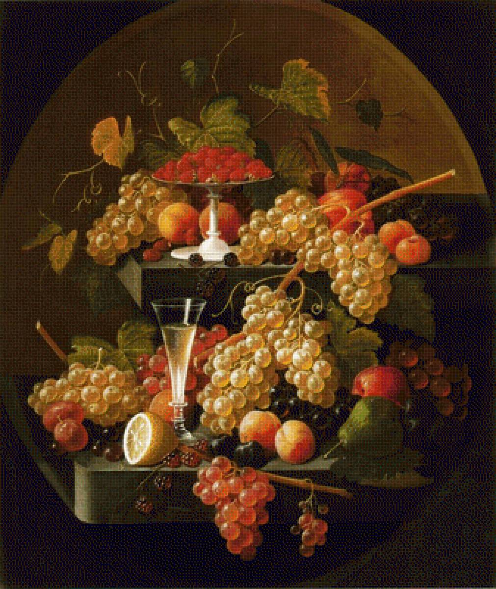 Натюрморт - цветы, фрукты, виноград, натюрморт, живопись, персики, ягоды, кл - предпросмотр