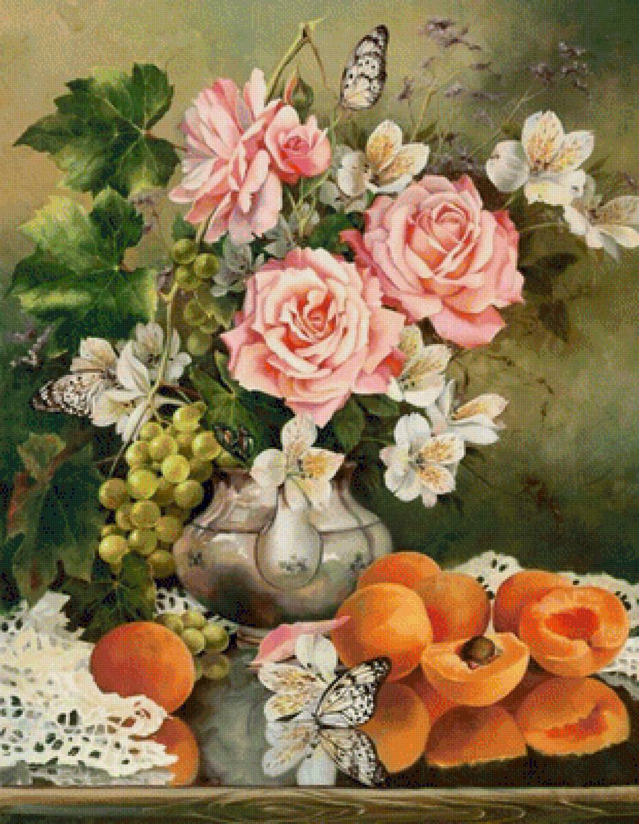 Натюрморт - абрикосы, букет, розы, цветы, живопись, фрукты, натюрморт - предпросмотр