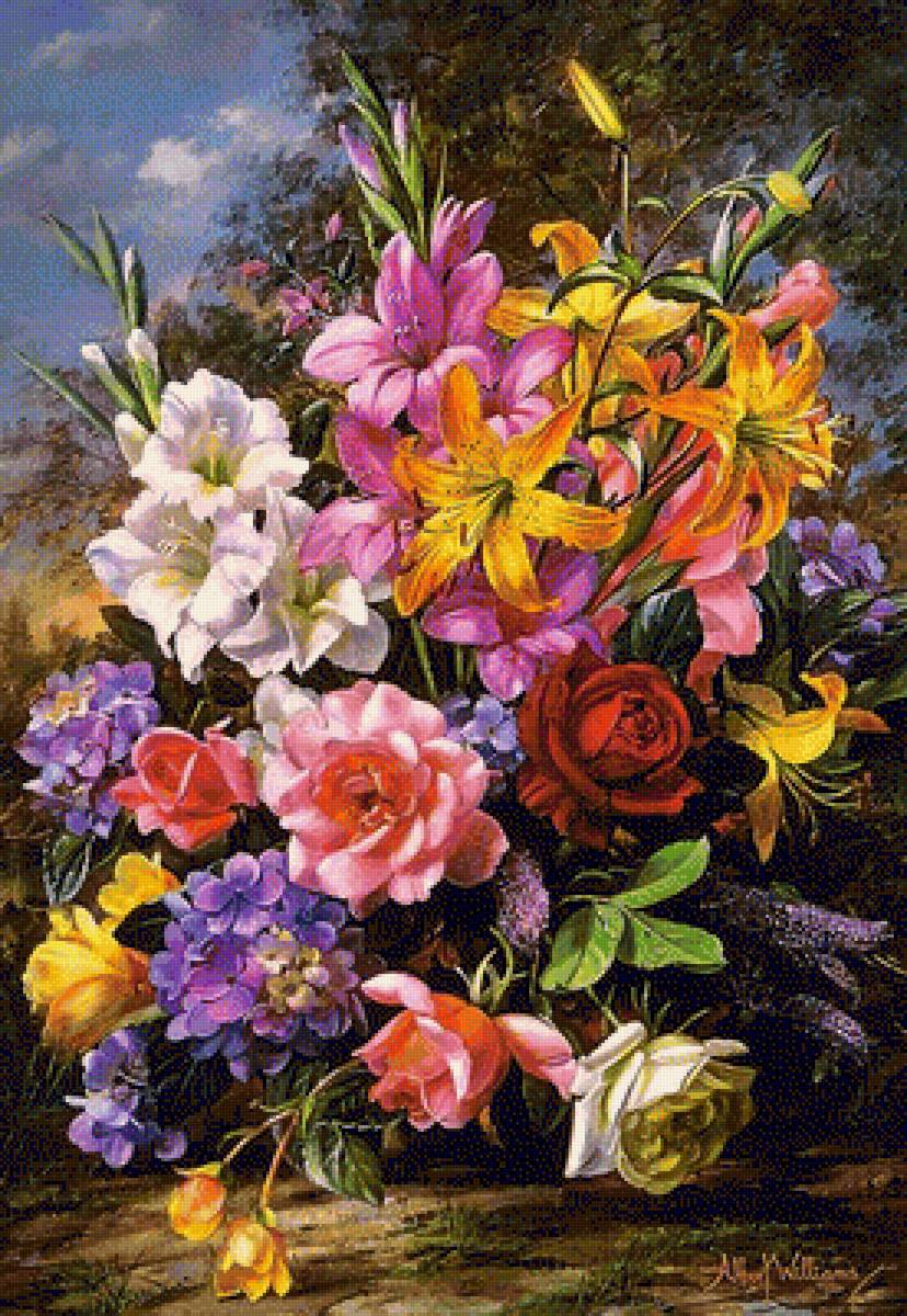 Натюрморт - цветы, букет, лилии, натюрморт, розы, живопись - предпросмотр