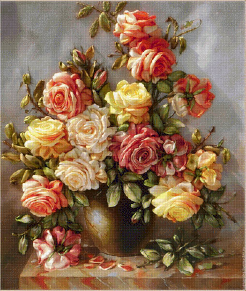Натюрморт - цветы, живопись, ваза, букет, розы, натюрморт - предпросмотр