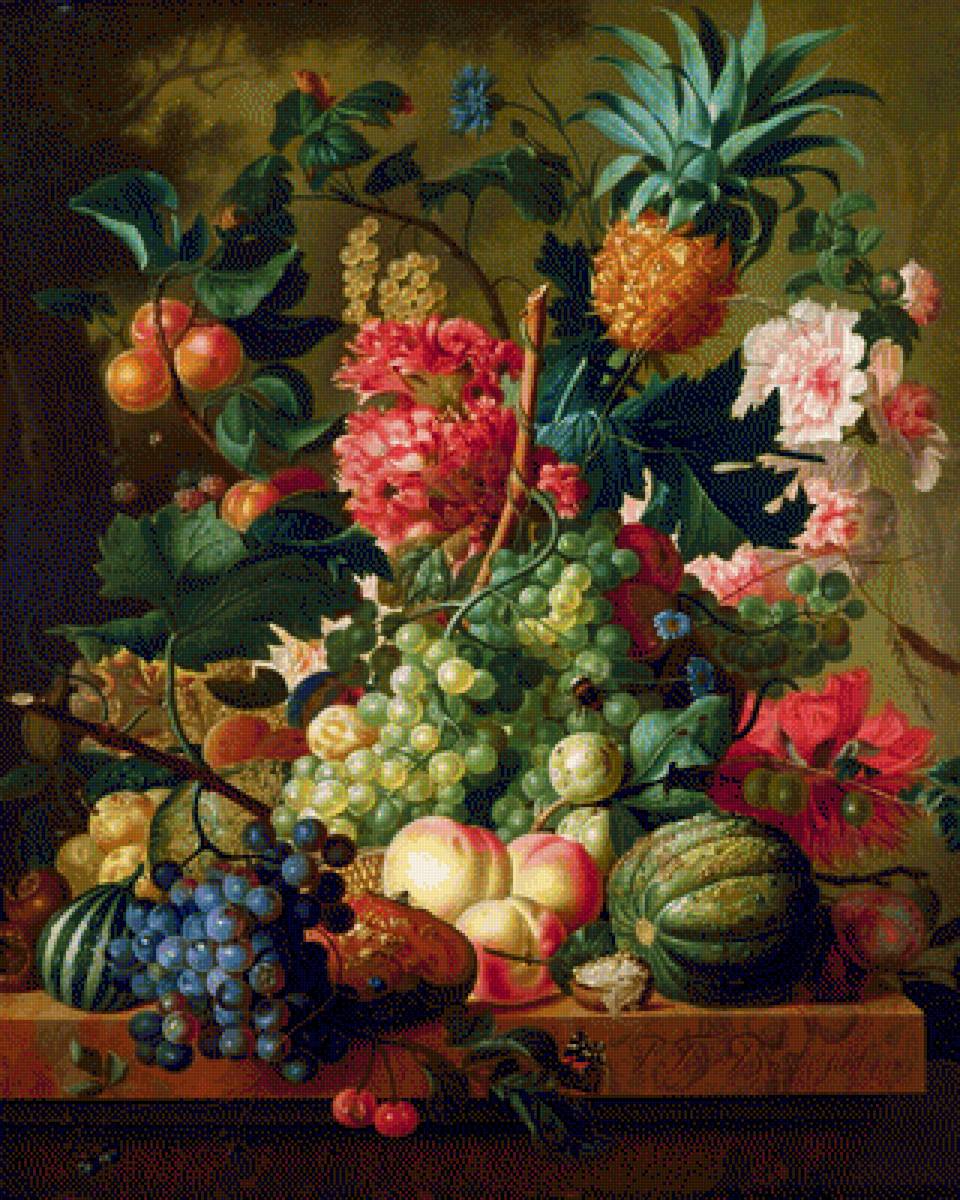 Натюрморт - фрукты, натюрморт, цветы, виноград, персики, живопись, ананас - предпросмотр