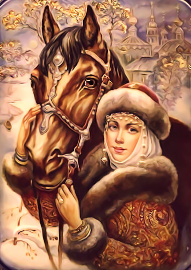 боярышня в теплых тонах - русь, девушка, лаковые миниатюры федоскино, люди, славяне, конь - оригинал