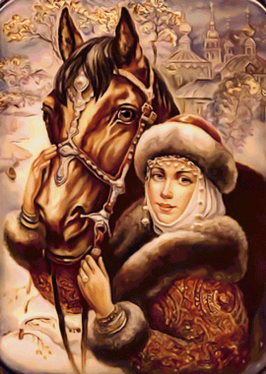 боярышня в теплых тонах - девушка, русь, славяне, конь, люди, лаковые миниатюры федоскино - предпросмотр