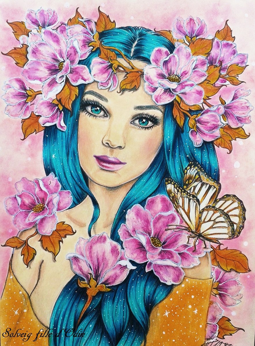 Девушка - портрет, цветы, девушка, art, бабочка - оригинал
