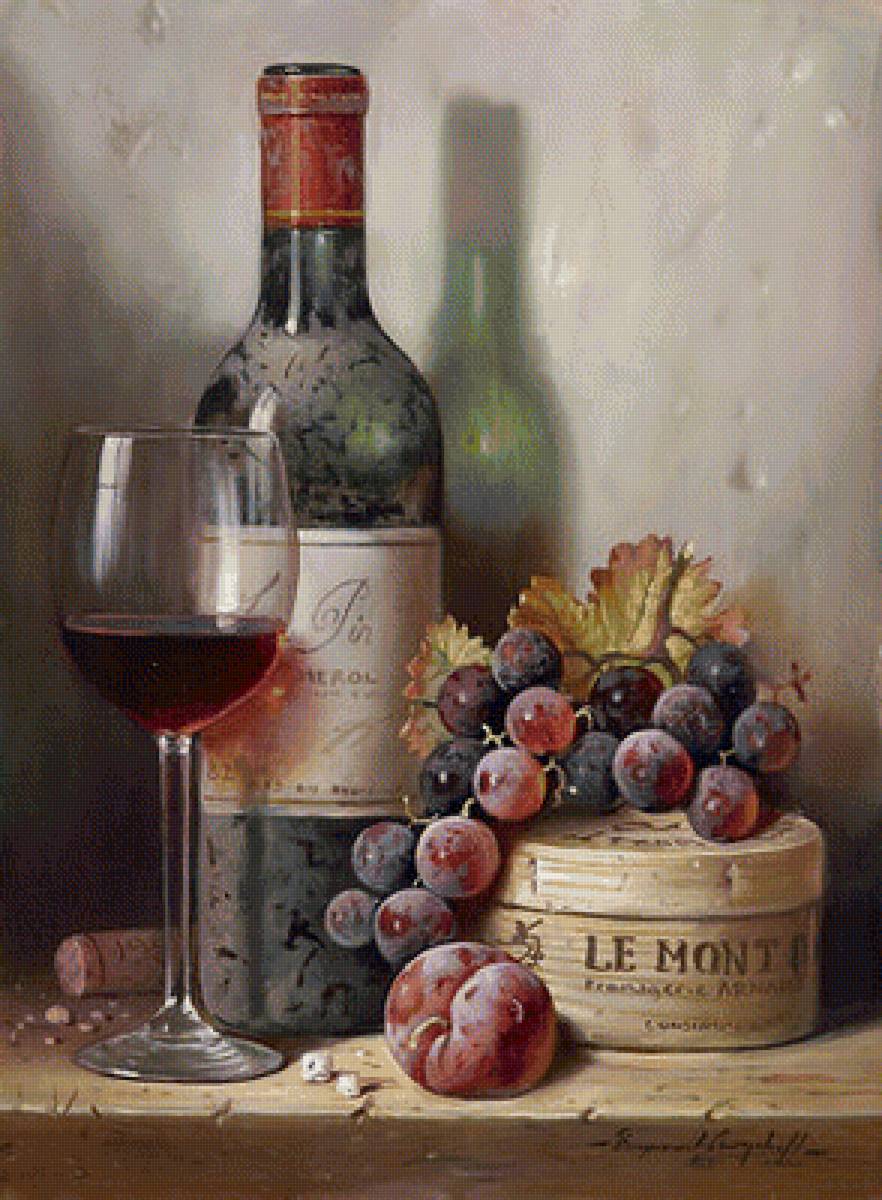 натюрморт с вином - для кухни, фрукты, картина, виноград - предпросмотр