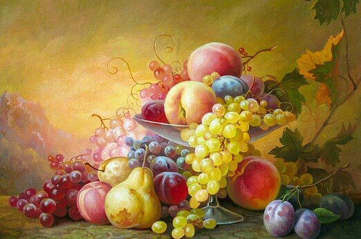 Натюрморт - груши, виноград, сливы, натюрморт, живопись, фрукты, персики - оригинал
