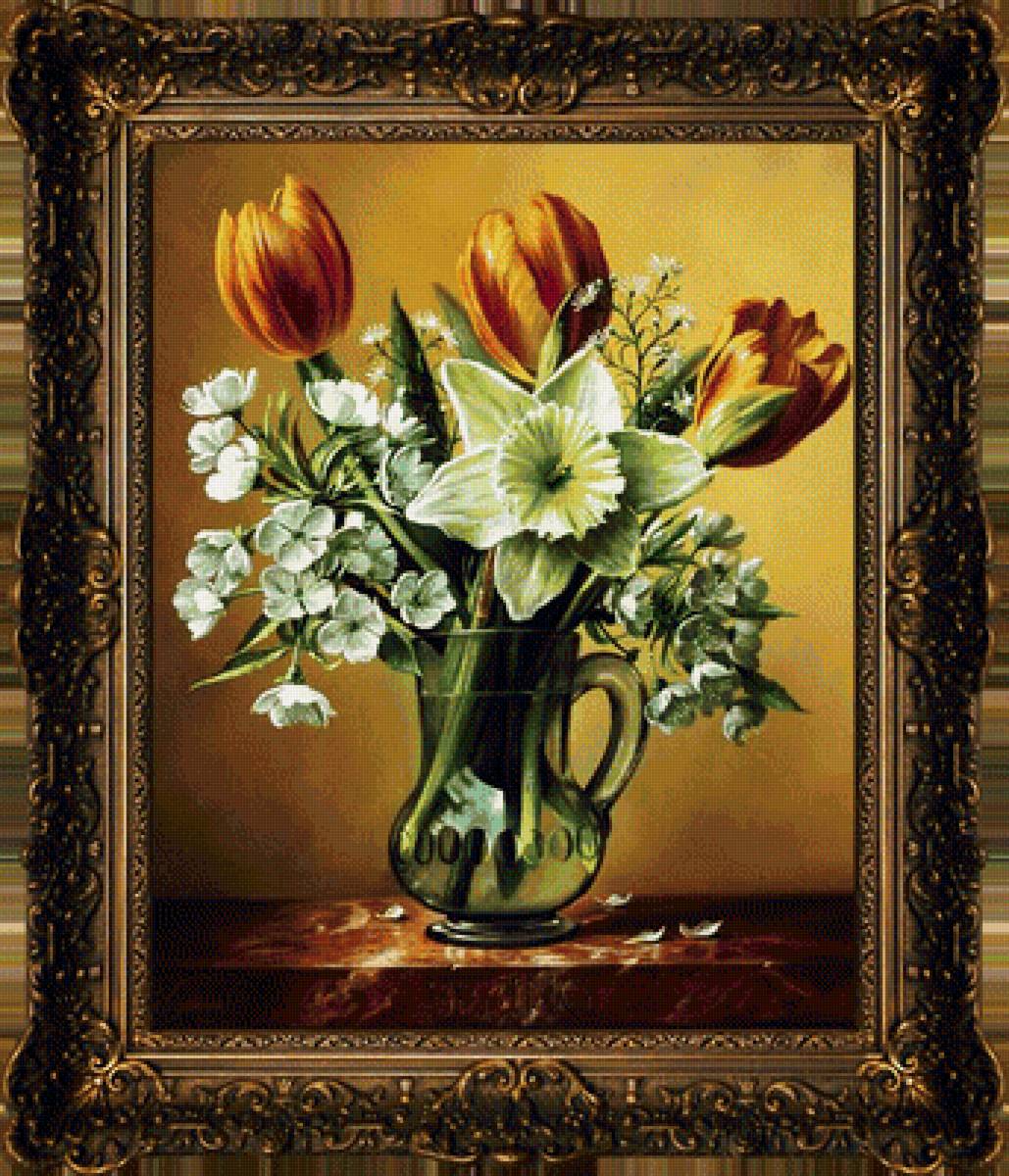 Нарциссы и тюльпаны - нарциссы, тюльпаны, картина, цветы, натюрморт - предпросмотр