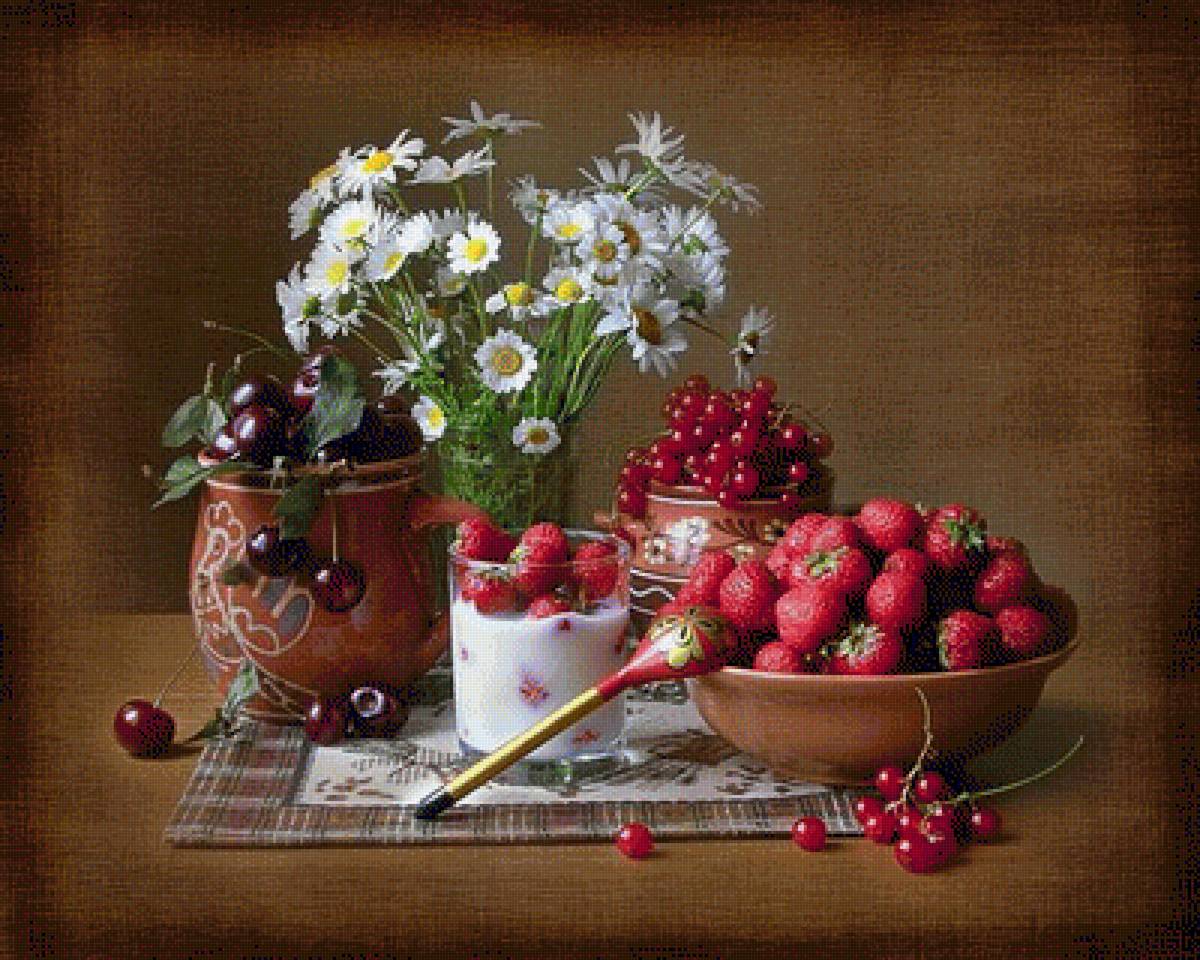 Натюрморт - черешня, натюрморт, ромашки, ягоды, клубника, ваза, цветы - предпросмотр
