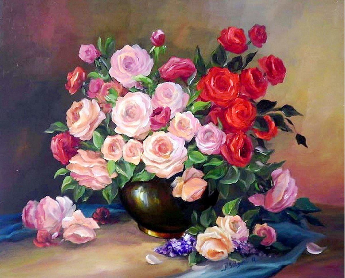 Натюрморт - натюрморт, розы, живопись, букет, цветы - оригинал