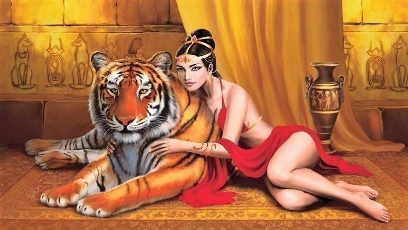 Девушка и тигр - тигр, египет, фентези, девушка - оригинал