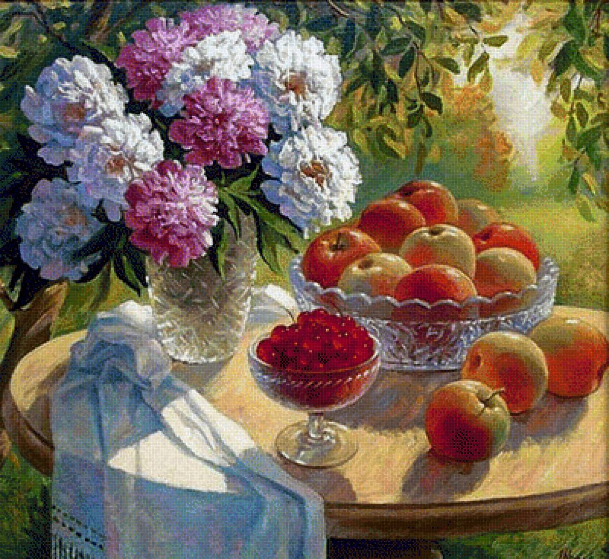 Натюрморт - ягоды, букет, пионы, натюрморт, цветы, фрукты, живопись, яблоки - предпросмотр