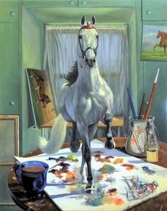 В мастерской художника - лошадь, конь, животные. живопись - оригинал