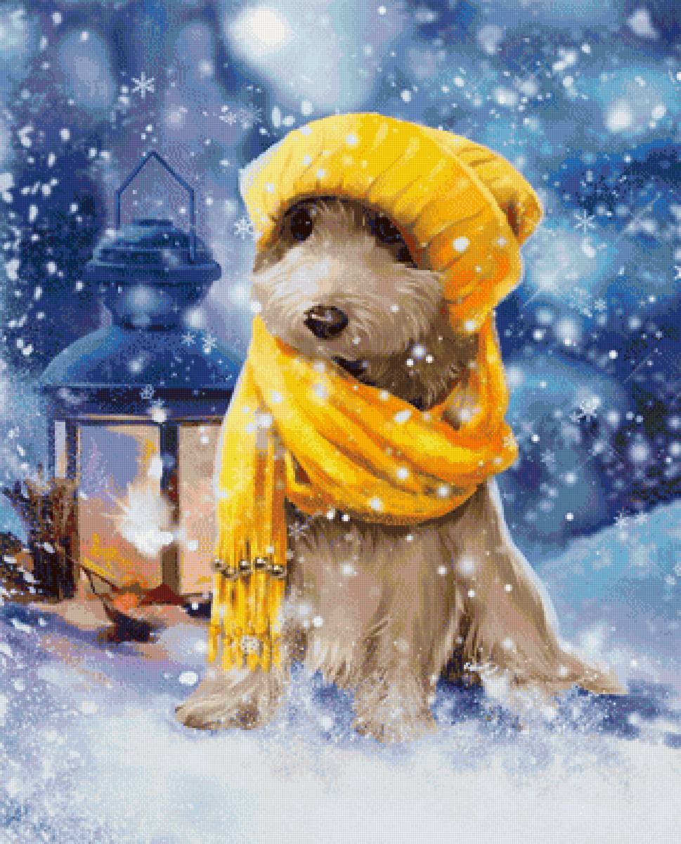 Дружок в шарфике - фонарь, собака, животные, рисунок, зима, щенок, снег - предпросмотр