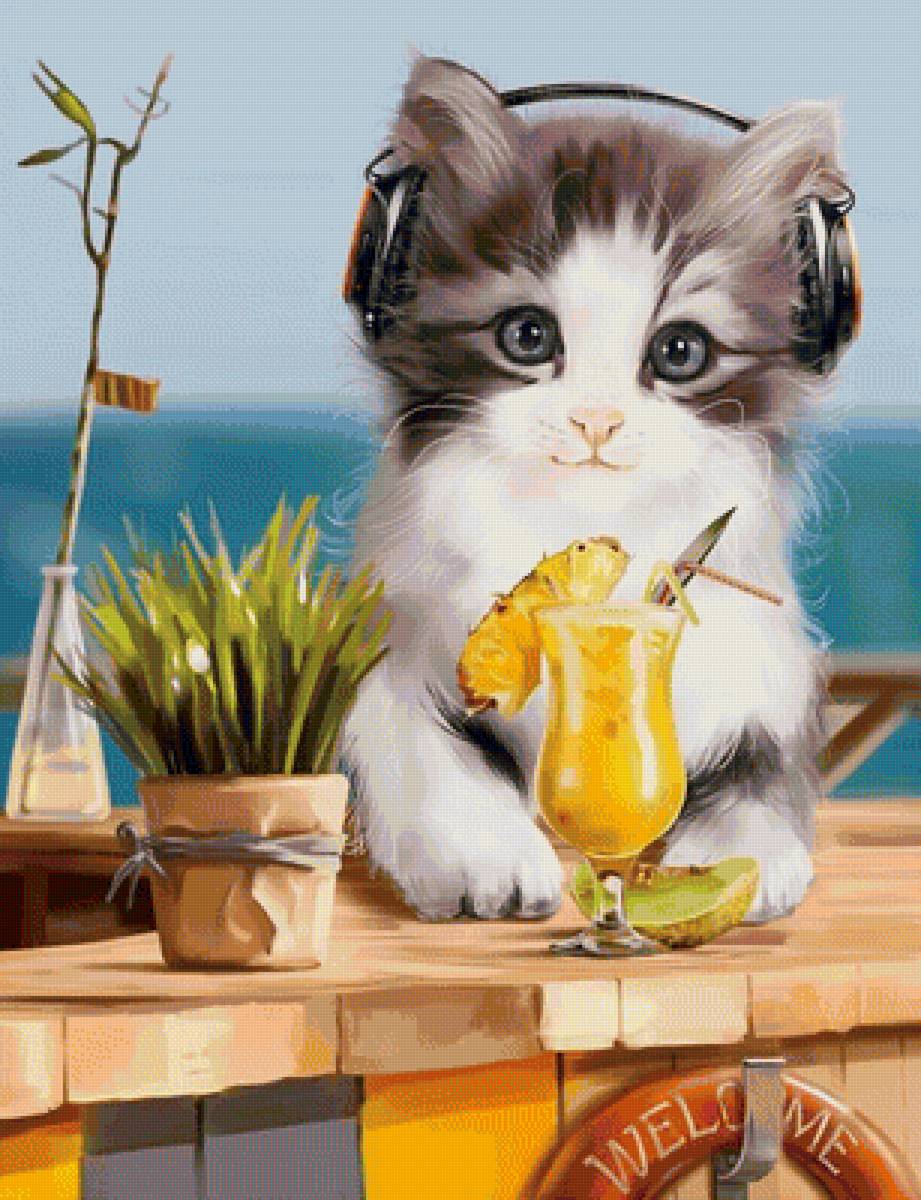 Котёнок и ананасовый коктейль - рисунок, котенок, кот, море, животные, лето, коктейль - предпросмотр
