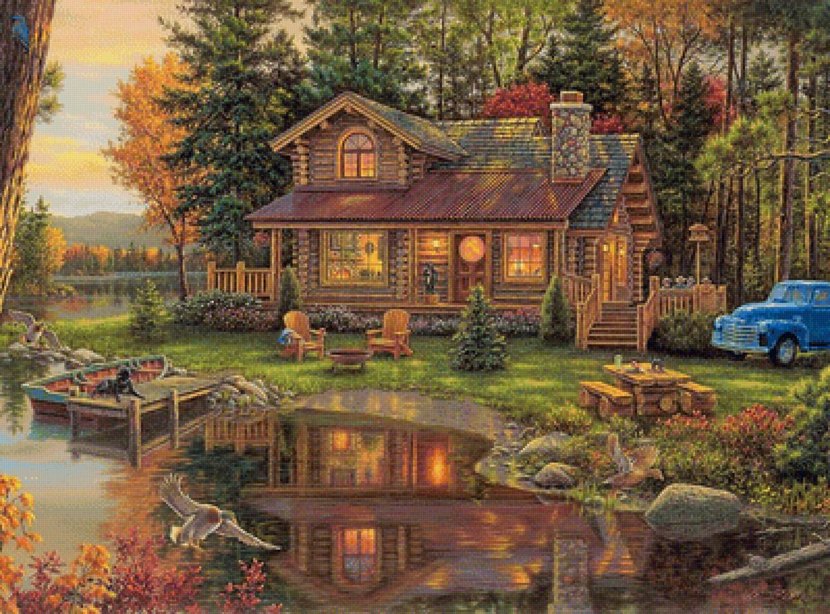 Домик в лесу - лодка, картина, дом, река, лес, живопись, осень, природа - предпросмотр