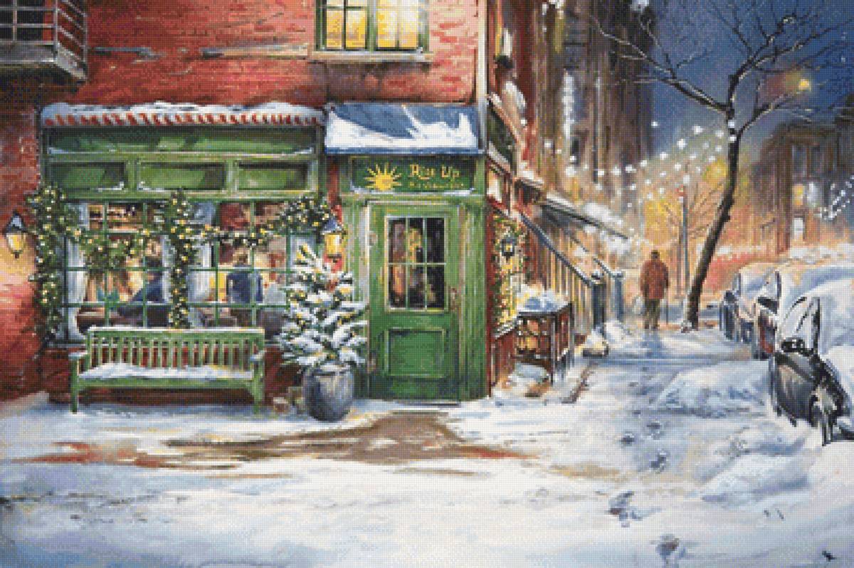 Зимний вечер - рисунок, зима, вечер, снег, скамейка, фонари, улица - предпросмотр