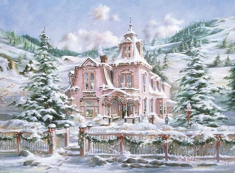 Особняк - здание, рождество, зима, елки - оригинал