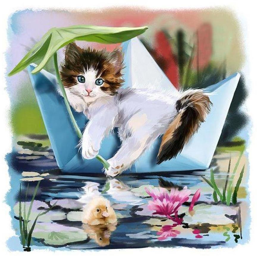 Котёнок в кораблике - котик, кот, лето, утенок, котенок, животные, пруд, рисунок - оригинал
