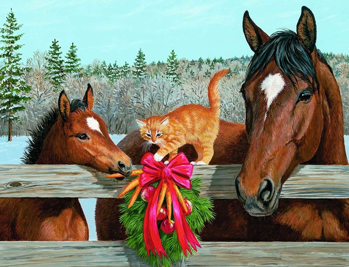Лошадки - зима, рисунок, лошади, снег, кот, животные, котик, лошадь - оригинал
