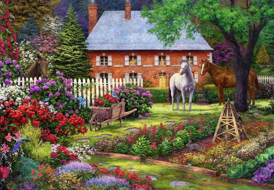 Цветущий сад - деревья, двор, живопись, цветы, пейзаж, дом, сад, лошади - оригинал