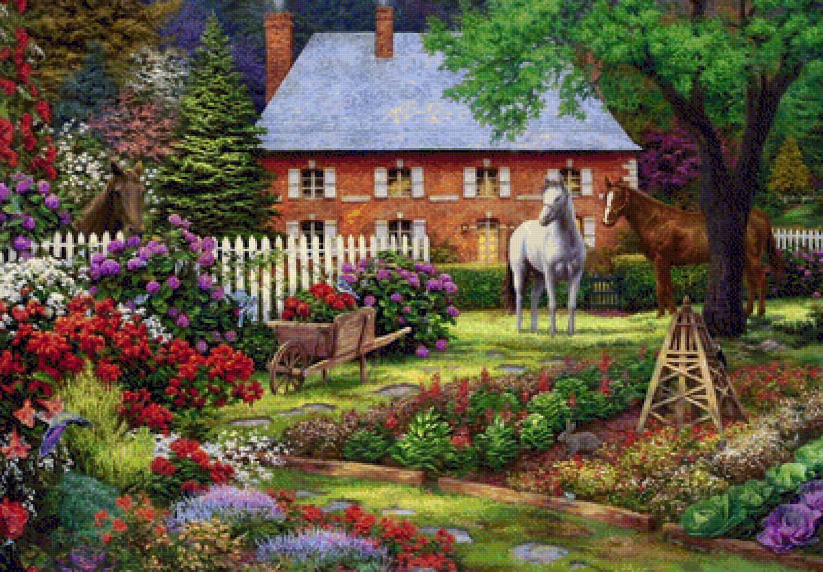 Цветущий сад - дом, живопись, пейзаж, двор, сад, деревья, цветы, лошади - предпросмотр