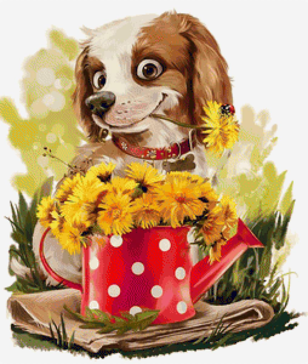 Щенок и одуванчики - цветы, рисунок, собака, животные, одуванчики, лето, щенок - предпросмотр